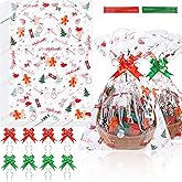 MIMIND 12 Pieces Christmas Large Basket Bags Clear Cellophane Bags 20 x 28 Inch Red Green Basket Bag Clear Thickened Gift Cookie Bag with Red Green Twist Ties, Bows Ribbon for Christmas Gift Baskets