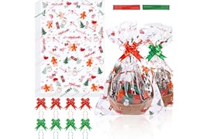 MIMIND 12 Pieces Christmas Large Basket Bags Clear Cellophane Bags 20 x 28 Inch Red Green Basket Bag Clear Thickened Gift Cookie Bag with Red Green Twist Ties, Bows Ribbon for Christmas Gift Baskets