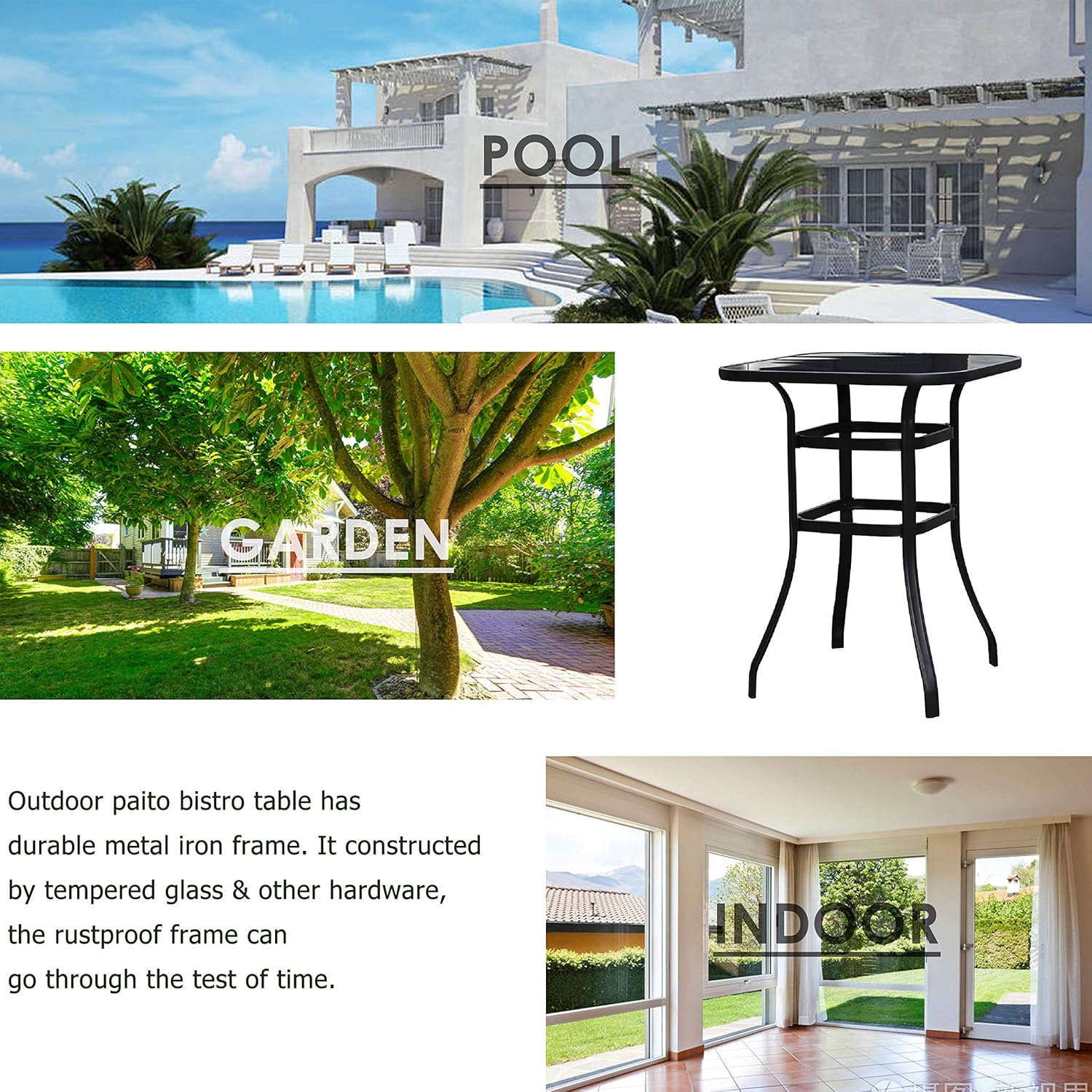 LOKATSE HOME Patio Bar Height Table Square Tempered Glass Metal Frame Outdoor Bistro High Top Black L x 31.5" W x 41.2" H: Garden & Outdoor