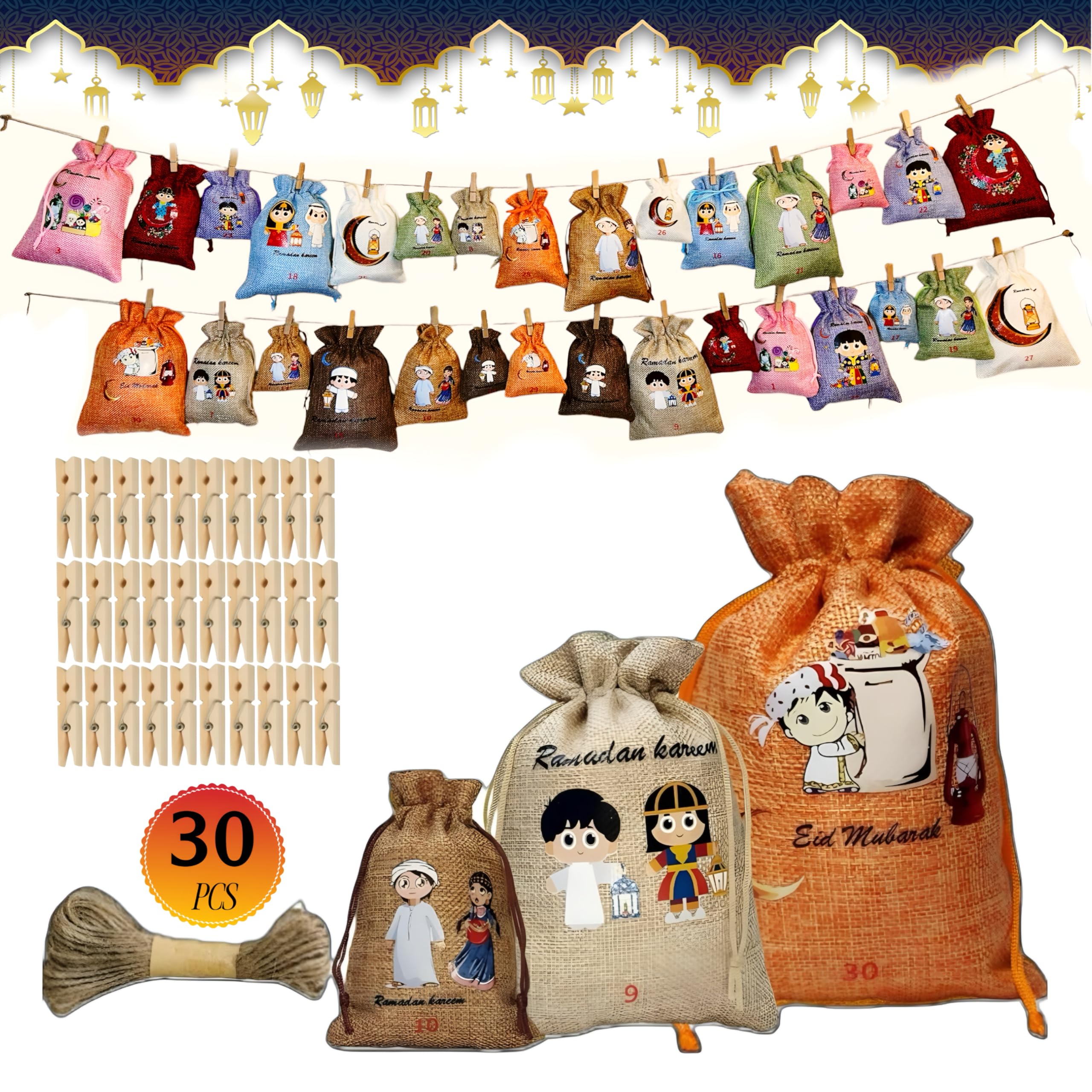 Ramadan Calendar 2026, 30 Ramadan Calendar for Filling Fabric, 3 Sizes Ramazan Calendar Bags for Children, Ramadan Advent Calendar, Ramadan Calendar Set for Standing and Decorating SANYU