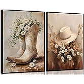 2pcs Vintage Western Cowgirl Canvas Wall Art daisy Cowgirl Boots & Hats Posters Rustic Farmhouse Pictures Trendy Preppy Dorm Room Wall Decor Western Floral Painting Country Style Prints unframe