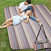 WICKERLAND Picnic Blankets Extra Large Outdoor - Beach Blanket Waterproof Sandproof with Shoulder Strap, Machine Washable, Picnic Mat with Stakes for Grass Concert, Park.BohoPattern
