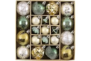 DecorbyHannah Christmas Ornaments Decorations, 21ct Green Gold Christmas Tree Ornaments Set, Shatterproof Plastic Decorative 