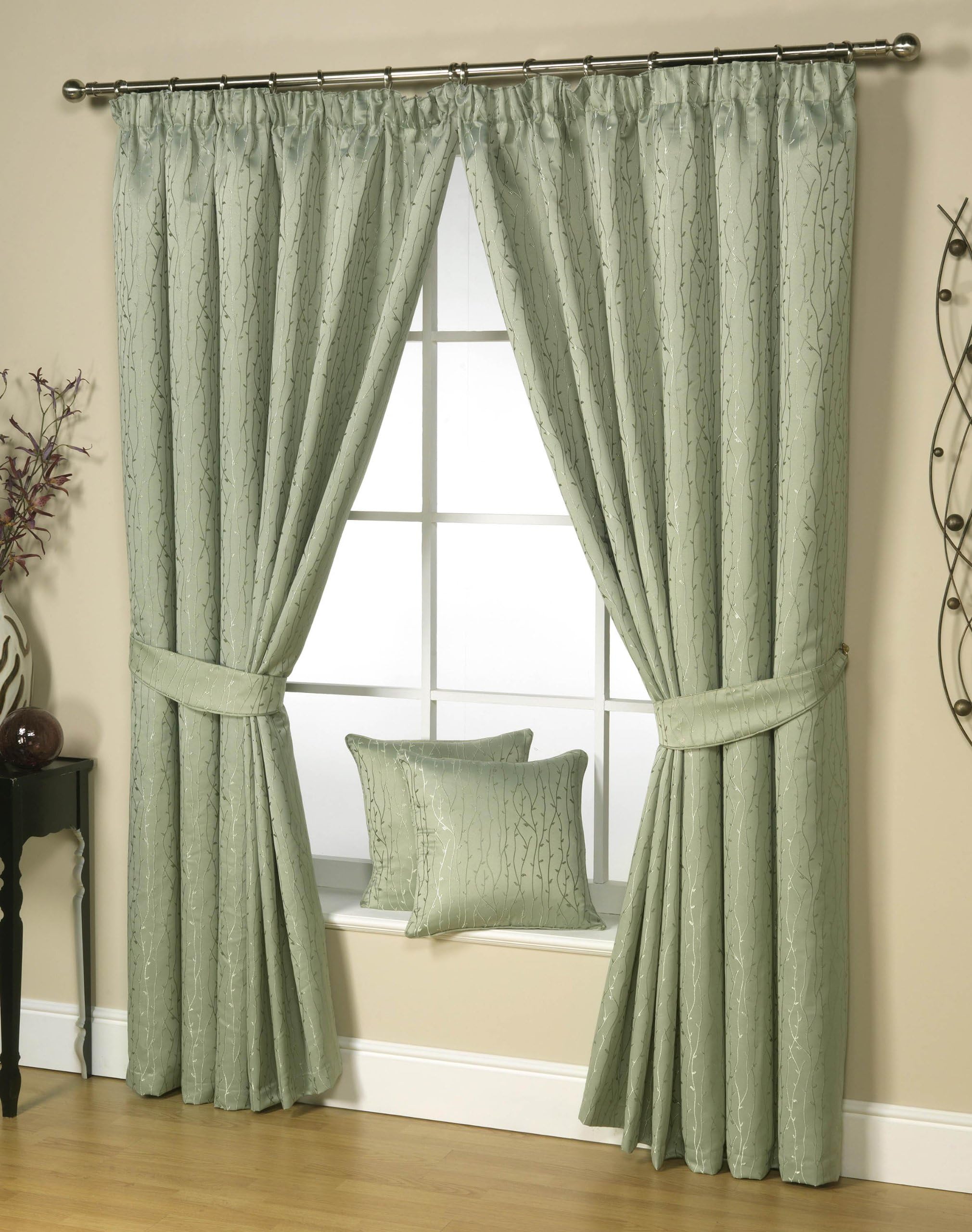 Ravalli Linden Green 64"(163cm) Wide x 90"(228cm) Drop 3" Tape Top Curtains with Jaquard Twigs Design. Sold in Pairs.