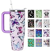 mvhsuoem 30 oz Purple Butterfly Lover Gift Tumbler with Handle Straw Lid 30oz Purple Butterfly Themed Water Bottle Double Stainless Steel Insulated Basketball Cup Travel Coffee Mug