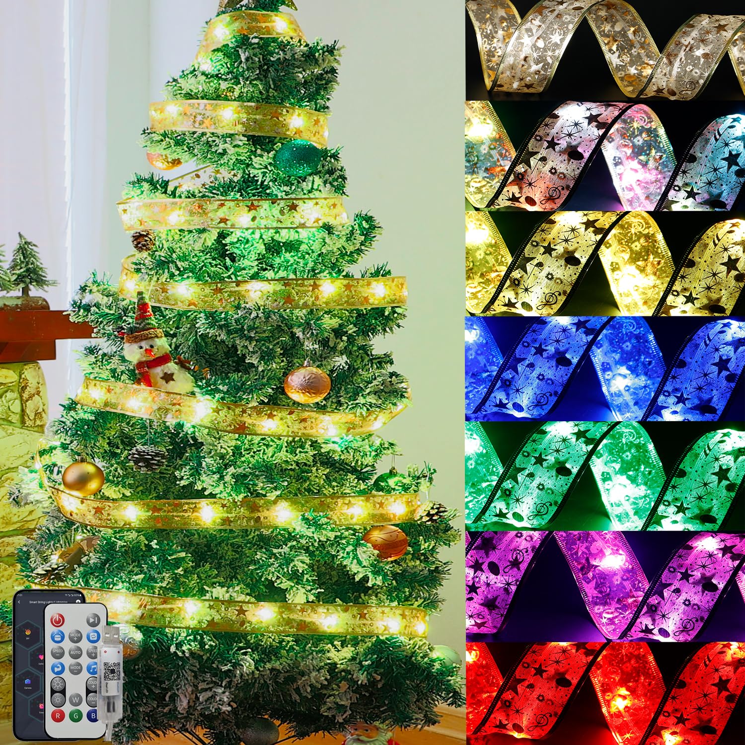 Photo 1 of SparkXmas Christmas Tree Ribbon (Removable) String Lights - 33ft 100 LED Color Changing Fairy Lights with Timer and 100 Lighting Modes, USB Powered, DIY by APP (Gold)