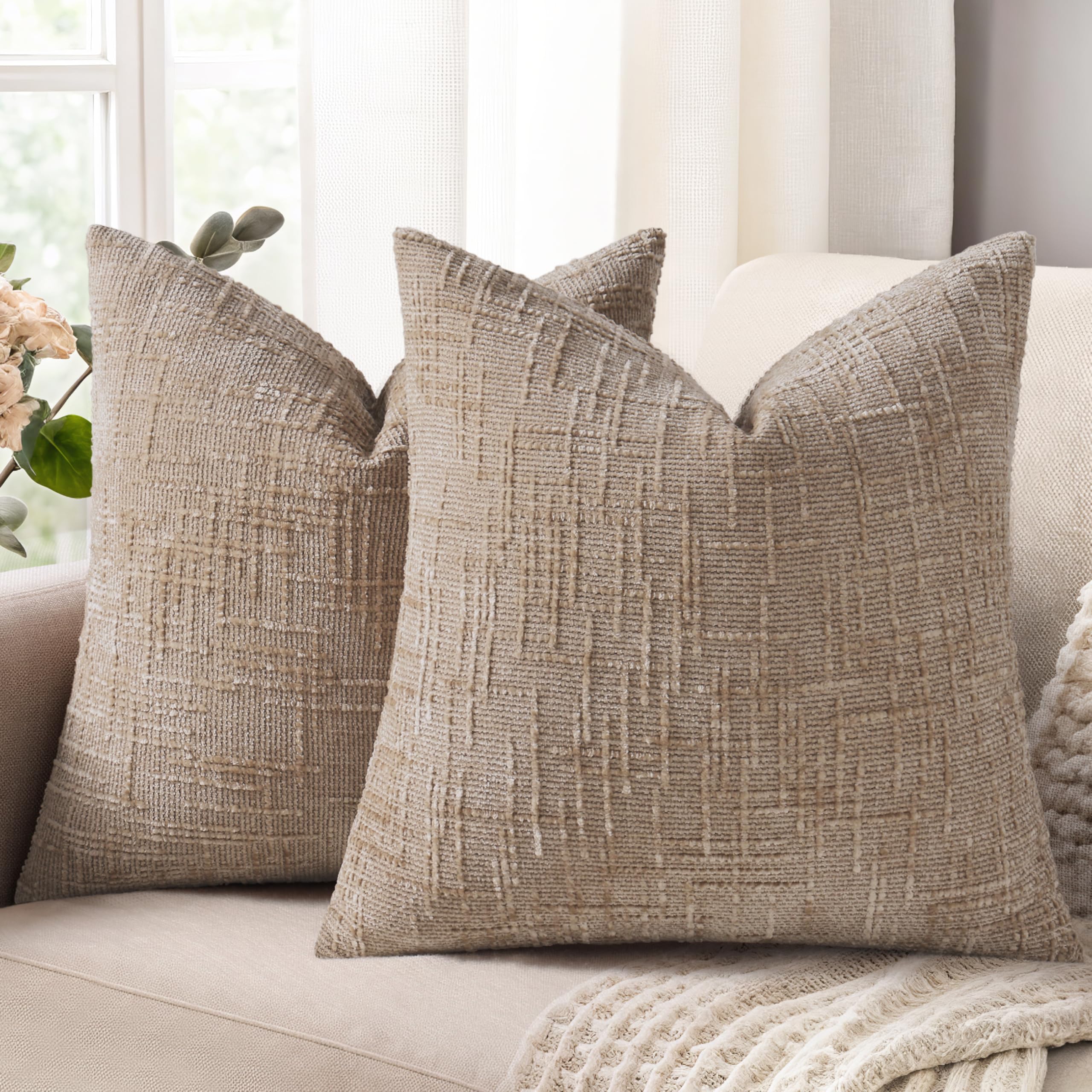 Photo 1 of decorUhome Oatmeal Chenille Throw Pillow Covers 22x22 Set of 2 Thick Textured Slubby Couch Pillow Covers Farmhouse Accent Modern Neutral Decorative Pillow Cases for Bed Sofa Living Room
