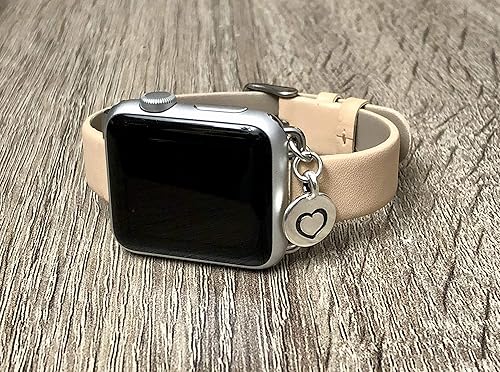Amazon Com Beige Slim Vegan Leather Bracelet For Apple Watch 38mm 40mm 42mm 44mm Series 6 5 4 3 2 1 Handmade Silver Heart Pendant Charm Jewelry Adjustable Size Iwatch Band Handmade