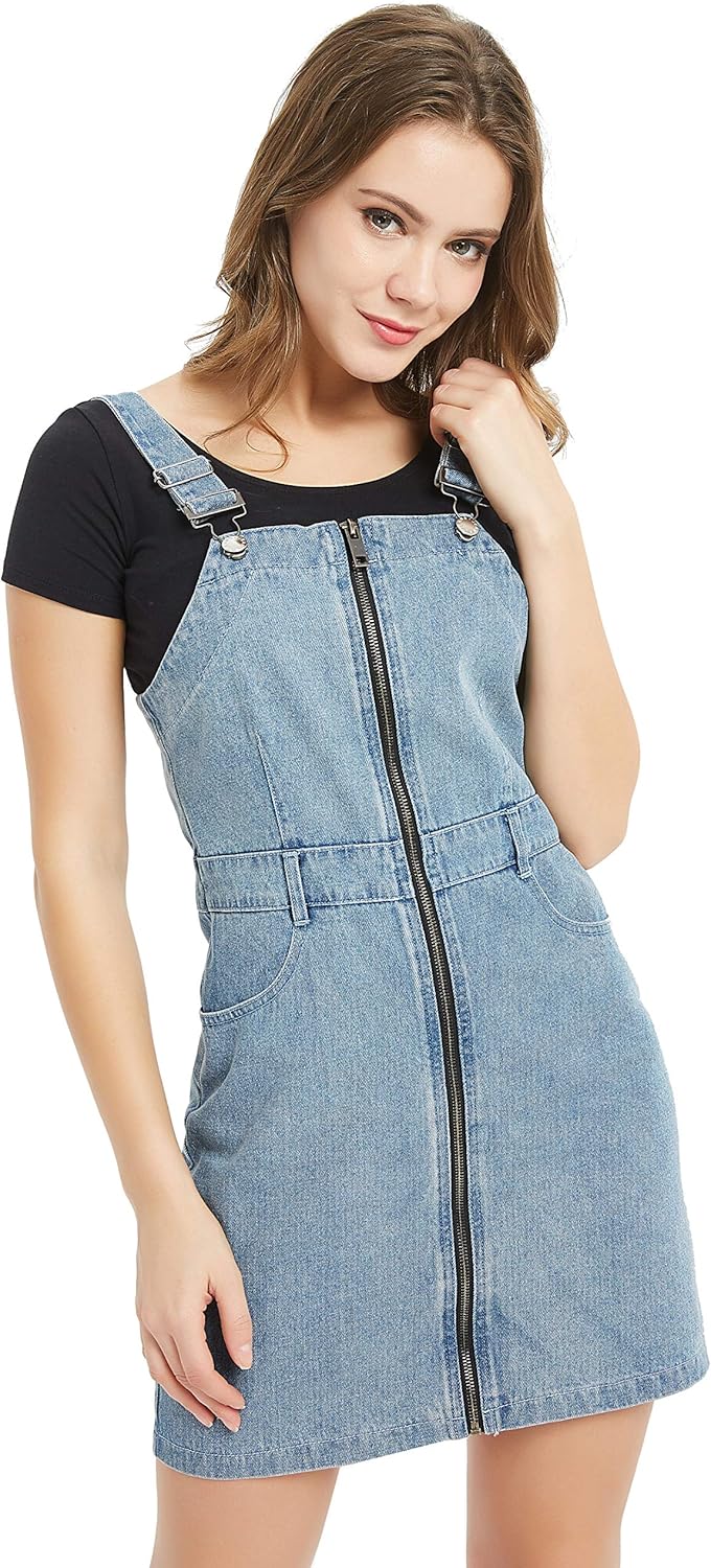 zip front denim pinafore dress