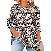 LOMON Womens Plus Size Tops 3/4 Length Sleeve Blouses Crew Neck Business Casual Tunic Tops with Asymmetrical Hem 1X-5X