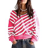 HYLLGUD Women's Long Sleeve Striped Color Block Knitted Sweater V Neck Oversized Pullover Jumper Tops