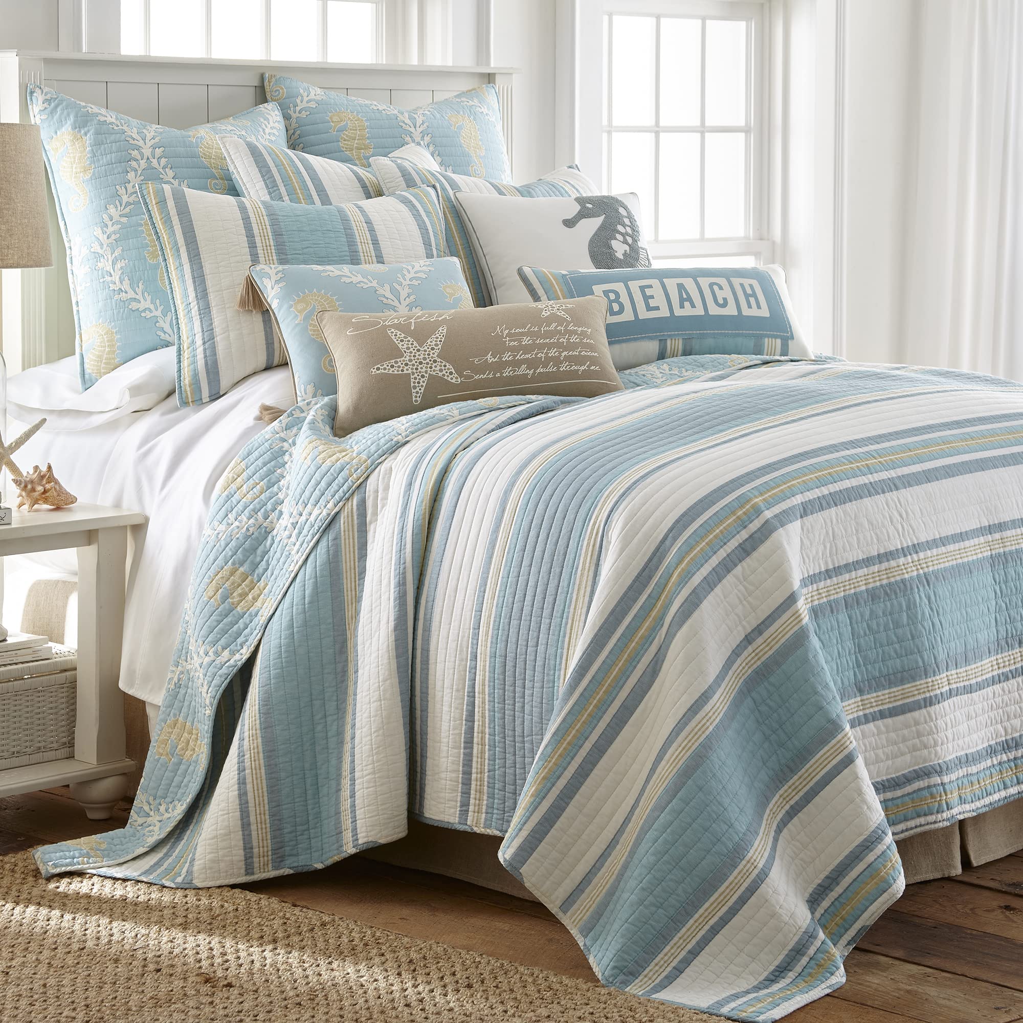 Photo 1 of Levtex Home - Kailua Quilt Set - Queen Quilt + Two Standard Pillow Shams - Stripe - Blue Teal Taupe Cream - Quilt (88x92in.) and Pillow Shams (26x20in.) - Reversible - Cotton Fabric