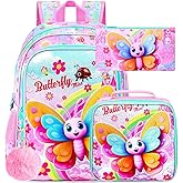 gxtvo 3PCS Butterfly Backpack for Girls, 16" Kids Bookbag with Lunch Box, Water Resistant Elementary School Bag for Preschool Toddler