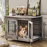 Lulive Dog Crate Furniture, Dog Kennel Indoor Double Doors Wooden Dog Cage, 33'' Heavy Duty Dog Crate with Cushion & Wheels, 