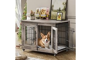 Lulive Dog Crate Furniture for Medium Dogs, 32'' Dog Kennel Indoor with Cushion & Wheels Wooden Dog Cage Double Doors Dog Crate End Table, Grey