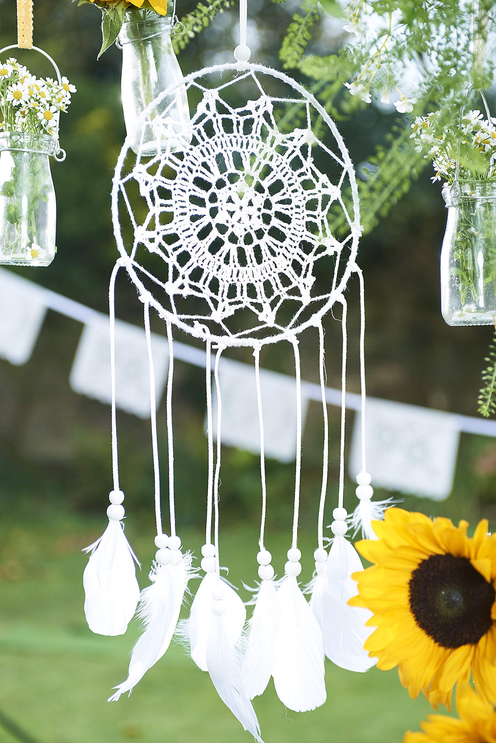 Talking Tables White Dream Catcher With Ring Beads and Feathers - Ideal For Wedding or Bedroom Bohemian Boho Decor Decorations or Gift, can also be used for a stay at home Festival