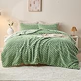 Simple&Opulence Fluffy Faux Fur Comforter Set, Plush Fuzzy Minky Bedding Set, 3 Pieces Warm Soft Comforter Bedding Set for Winter - 1 Shaggy Comforter with 2 Pillow Shams(Queen, Grid - Green)