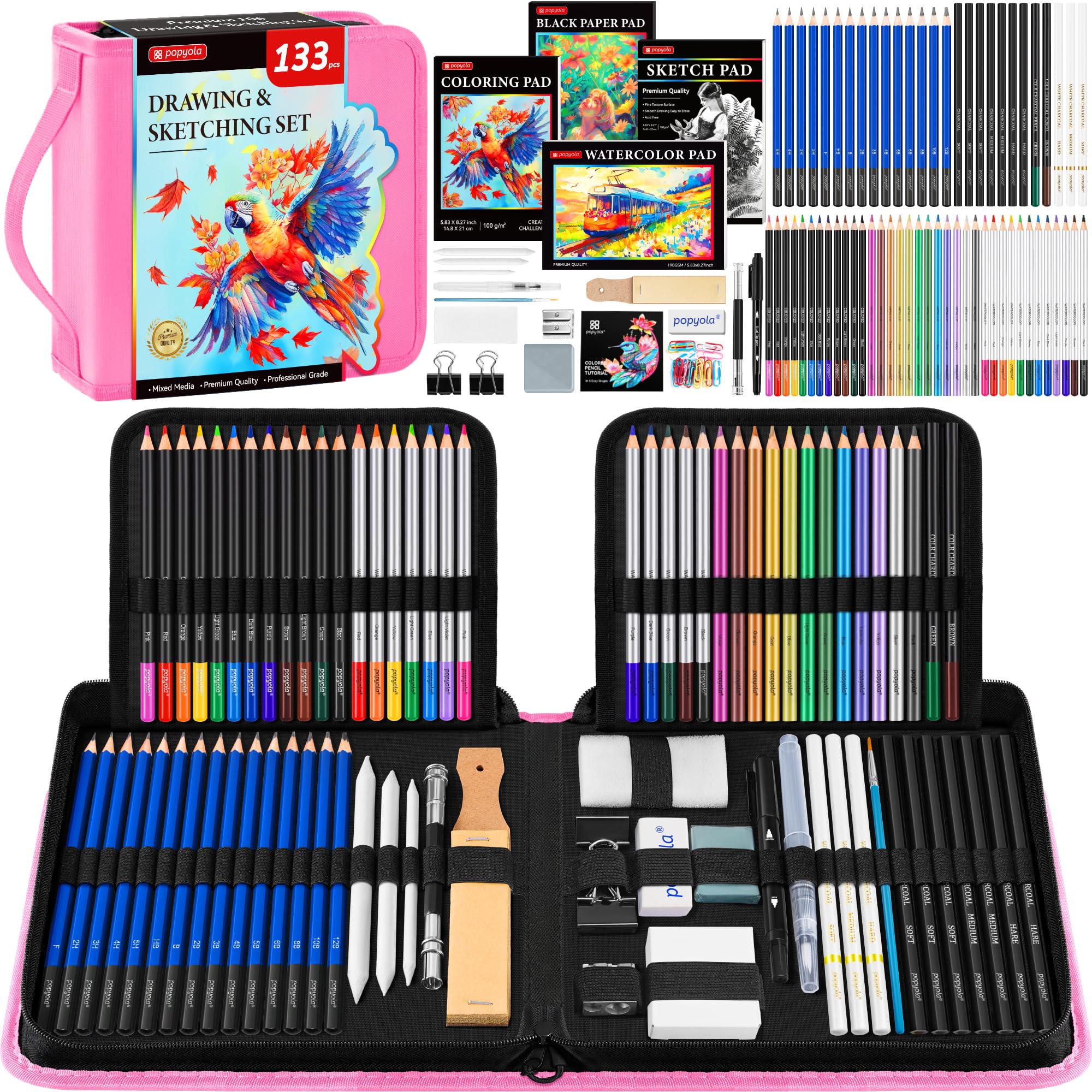 133 Pack Art Supplies Sketching Kit with Sketch Book, Coloring Book, Watercolor Pad, Black Paper Pad, Tutorial, Graphite Colored Charcoal Watercolor & Metallic Pencils for Artists Beginners Adults Image