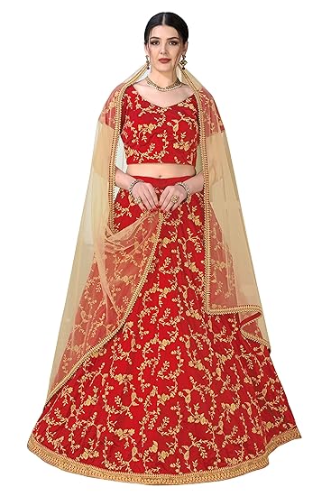 Womens Satin Silk Semi-stitched Lehenga Cholis with Cancan Net Inner (Red, Free Size)