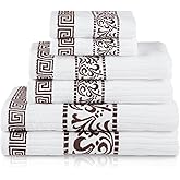 Superior 6-Piece Cotton Towel Set, Decorative Greek Pattern, Home Essentials, Absorbent Towels, Bathroom Decor, Spa, Resort, Includes 2 Hand, 2 Face and 2 Bath Towels, Athens Collection, Chocolate