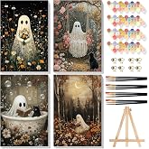 4 Pack Ghost Paint by Numbers for Adults with Framed Canvas - Wooden Easel | Halloween Paint by Number on Canvas, DIY Ghosts Acrylic Oil Painting Kits with Brushes for Home Wall Decor (8x12 inch)