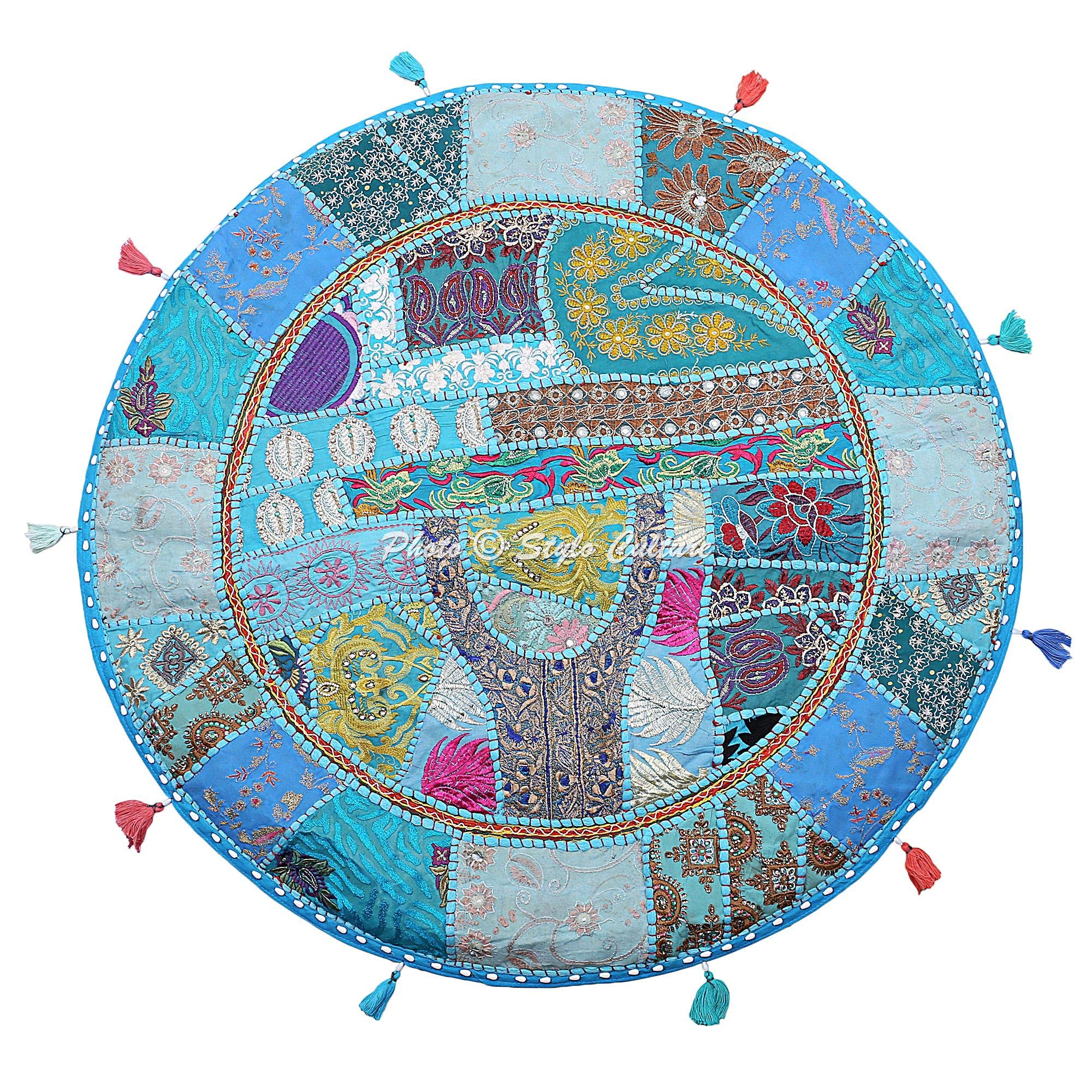 Stylo Culture Indian Bohemian Floor Pillow Cushion Scatter Cushion Cover Turquoise 70x70 cm Vintage Patchwork Hallway Round Large 28 inch Living Room Cotton Embroidered Pouf Footstool Cover