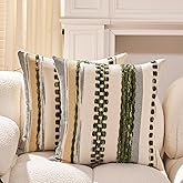 HZTLIN Green Chenille Striped Textured Pillow Covers 18x18 Inch Boho Throw Pillow Cover Farmhouse Decoration Striped Square Pillowcase for Couch Bed Sofa Bedroom Living Room(Pack of 2)