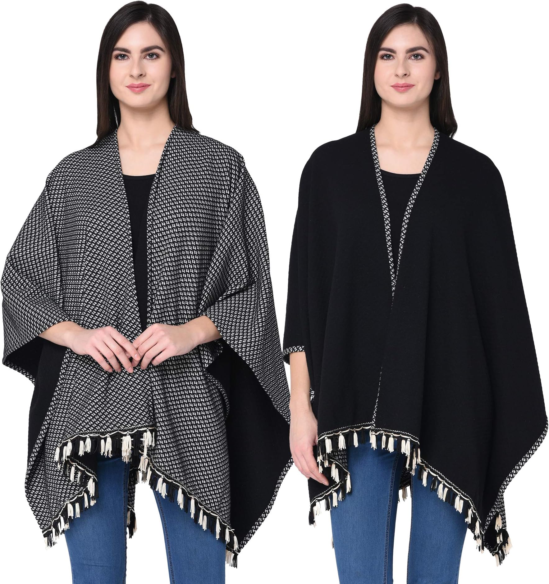 Women's Open Front V Cut Reversible Tassel Knitted Large Poncho Capes (Multicolour, Free Size)