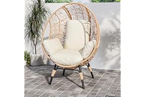 CHINNLUU Outdoor Egg Chair Wicker Oversized Egg Basket Chair with Stand Lounger Chairs with Cushion 500lbs Capacity for Patio Garden Backyard Balcony (Ivory - Nest, NO Table)