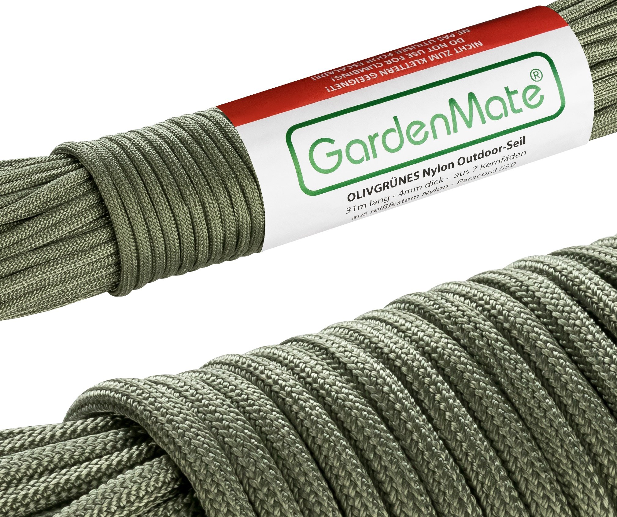 GardenMate Professional Nylon Outdoor Rope, Paracord 550, 31m Long, 4mm Thick, Tear-Resistant Kernmantle Rope with 7 Core Strands, Olive Green