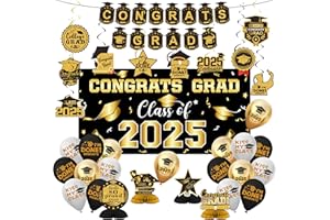 DUNFACK 2025 Graduation Decorations Set- Class of 2025 Grad Party Decorations, Congrats Grad Banner, Backdrop, Grad Hanging Swirl, Balloons and Honeycomb Table Toppers, Graduation Party Supplies