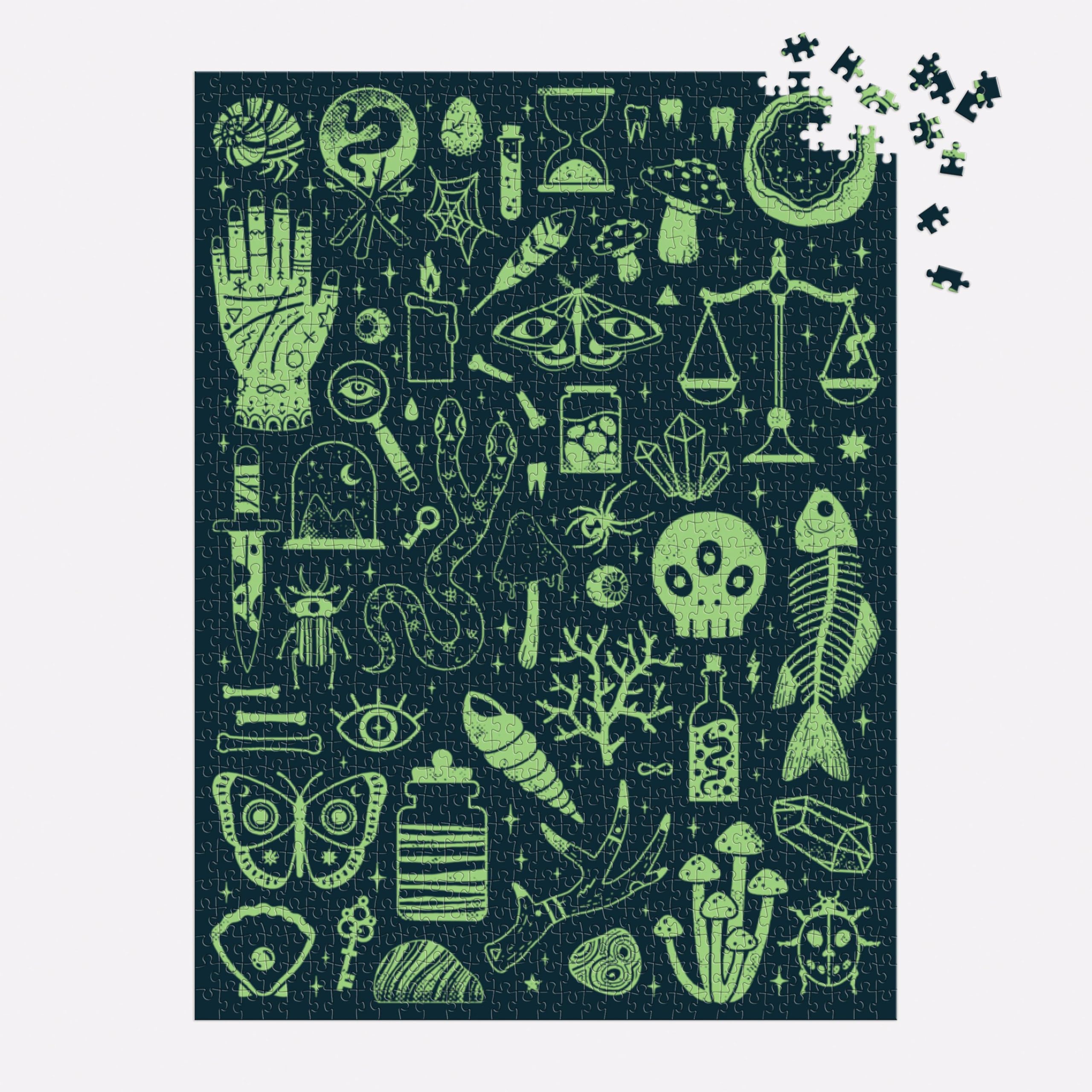 Galison Occult and Curious – 1000 Piece Glow in The Dark Jigsaw Puzzle Featuring an Eerie Collection of Creepy and Spooky Objects