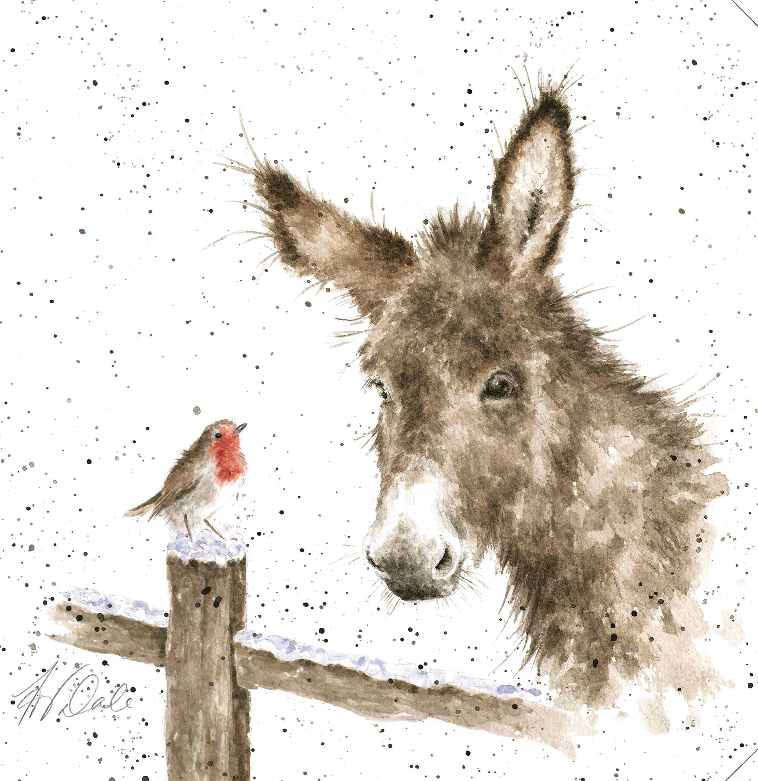 Wrendale Designs Festive Print on White Square Canvas 20 Centimetre Donkey and Robin
