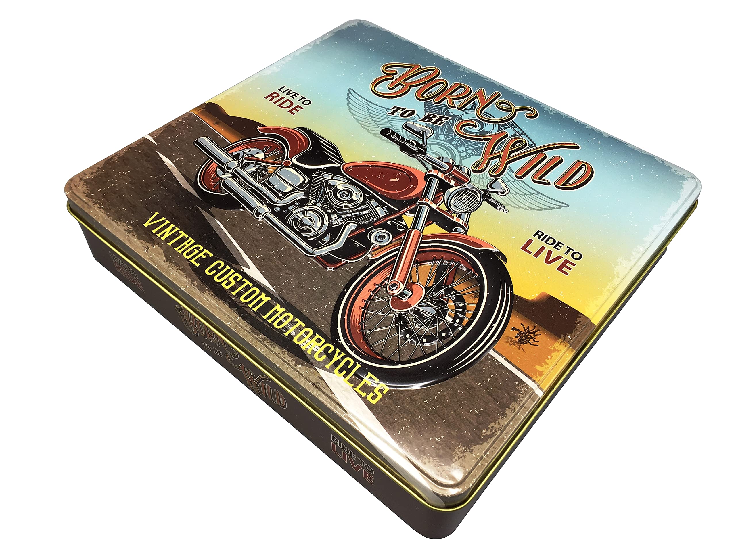 stylebox Rectangular Tin with Born to Be Wild Retro Look Biscuit Tin Decorative Box Approx. 23 x 21.5 x 4 cm Volume: 1.9 L