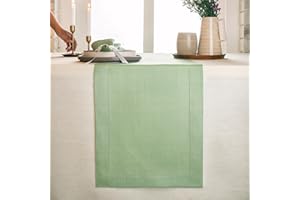 D'Moksha Homes Linen Table Runner 14 x 36 Inch - 100% Pure Linen Classic Hemstitch Sage Green Table Runner - Machine Washable Farmhouse Table Runner