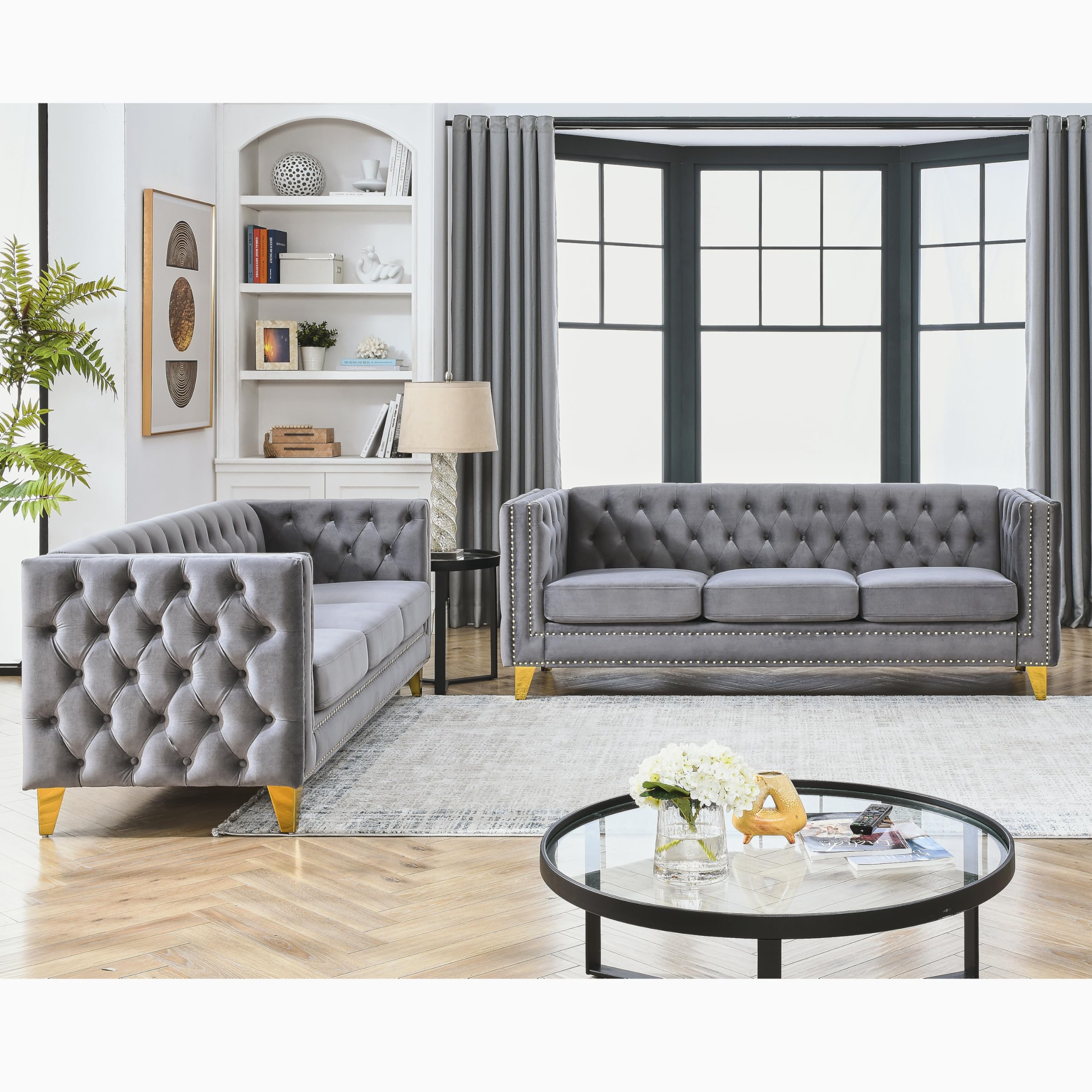Photo 1 of ***PARTIAL SET-- PRICE ADJUSTED*** KEIKI Tufted Velvet 3+3 Seat Sofa Couch for Living Room, Buttons Tufted Square Arm Couch for Home Apartment, Gray