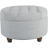 Homepop Home Decor | Button Tufted Woven Round Storage Ottoman | Ottoman with Storage for Living Room & Bedroom (Light Blue)