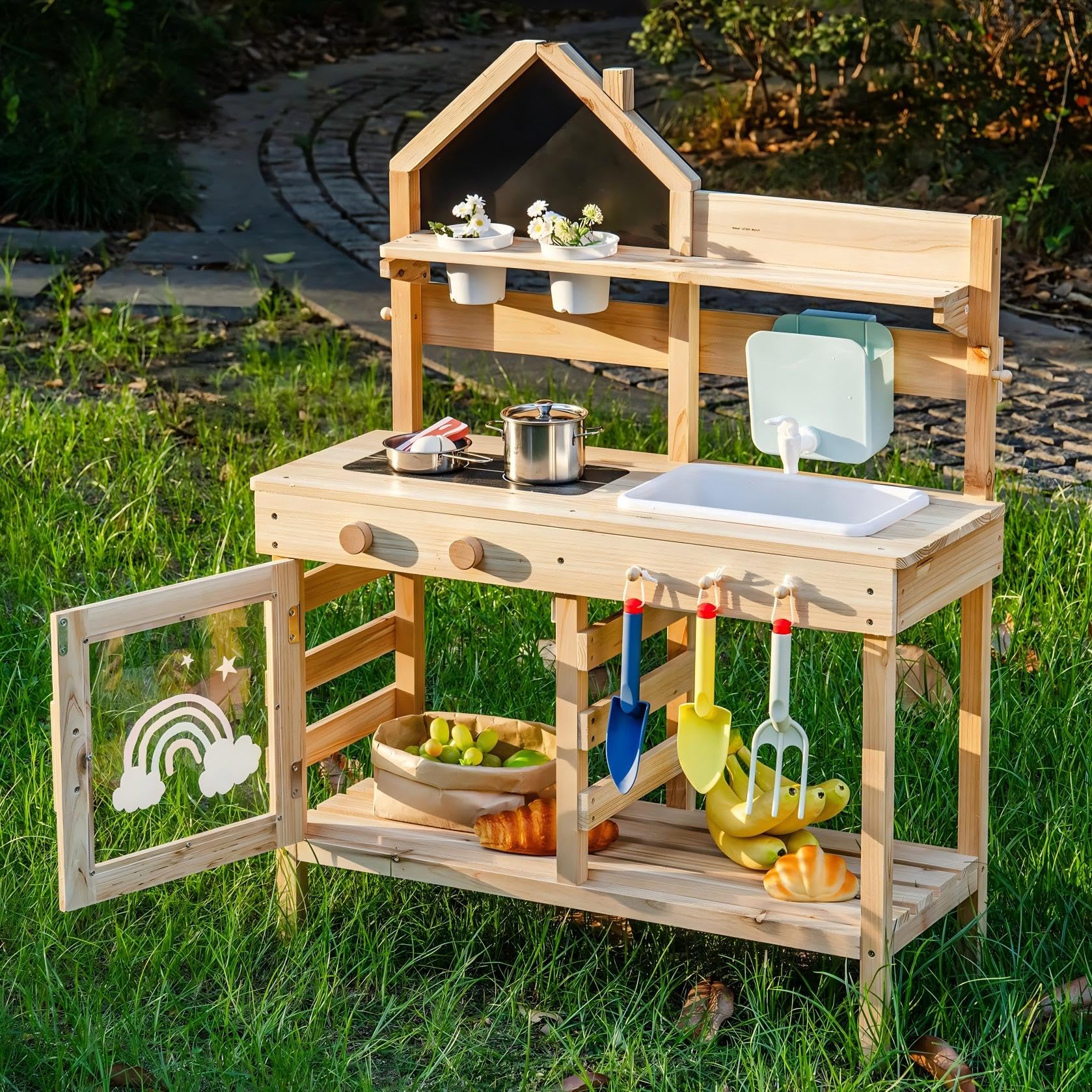 ROBUD Wooden Mud Kitchen, Kids Toy Kitchen with Real Faucet & Water Tank, Garden Tools, Stove, Pots, Chalkboard, Kids Kitchen Pretend Play Set, Kid Outdoor Gifts for Girls Boys 3 Year Old+