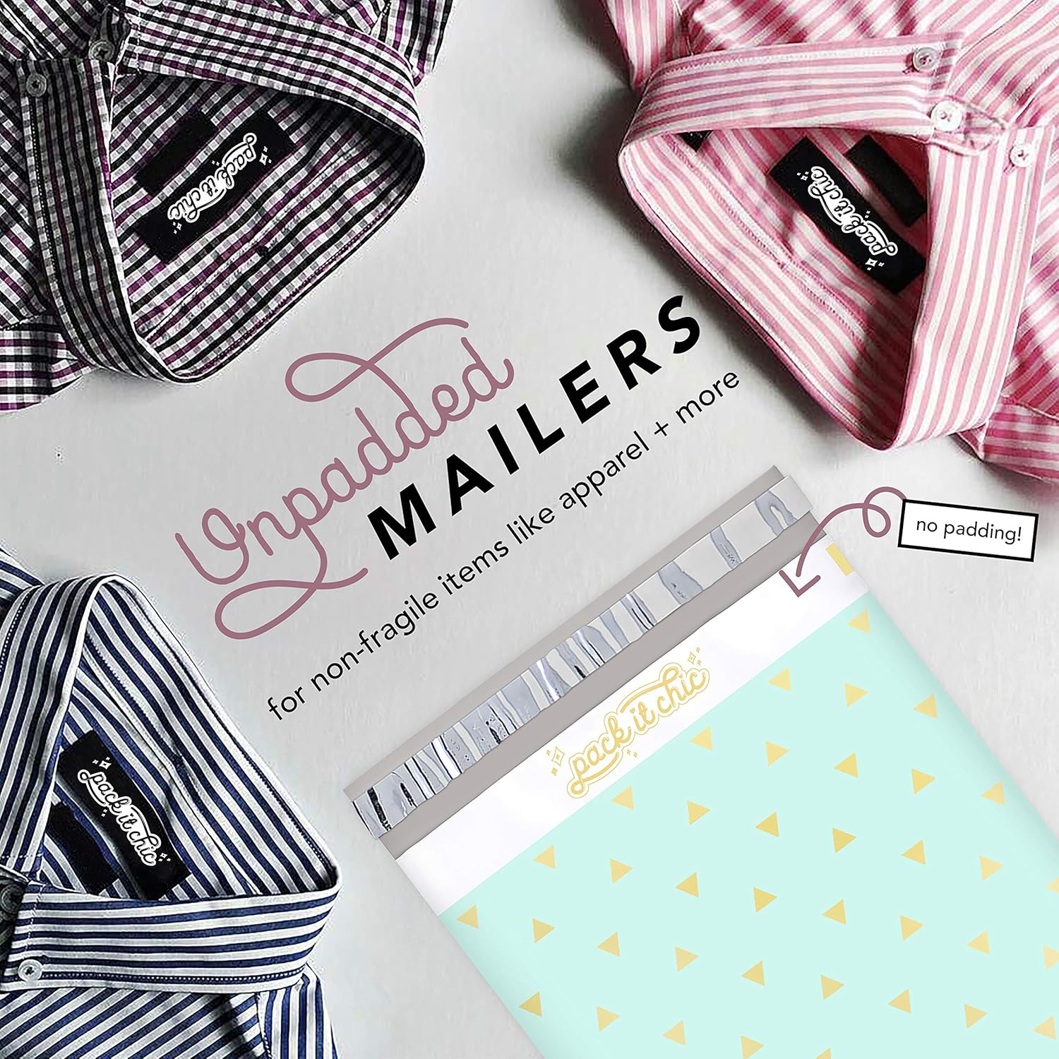 Pack It Chic - 10X13 (100 Pack) Mint Gold Triangles Poly Mailer Envelope Plastic Custom Mailing & Shipping Bags - Self Seal (More Designs Available) : Office Products