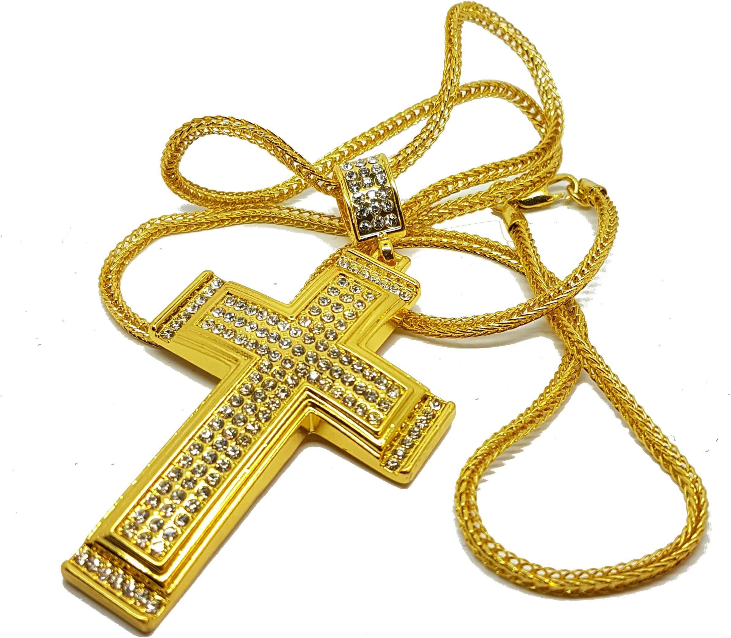 Gold Tone Iced Out Cross Pendant Hip Hop Necklace Snake Chain Fashion Jewelry
