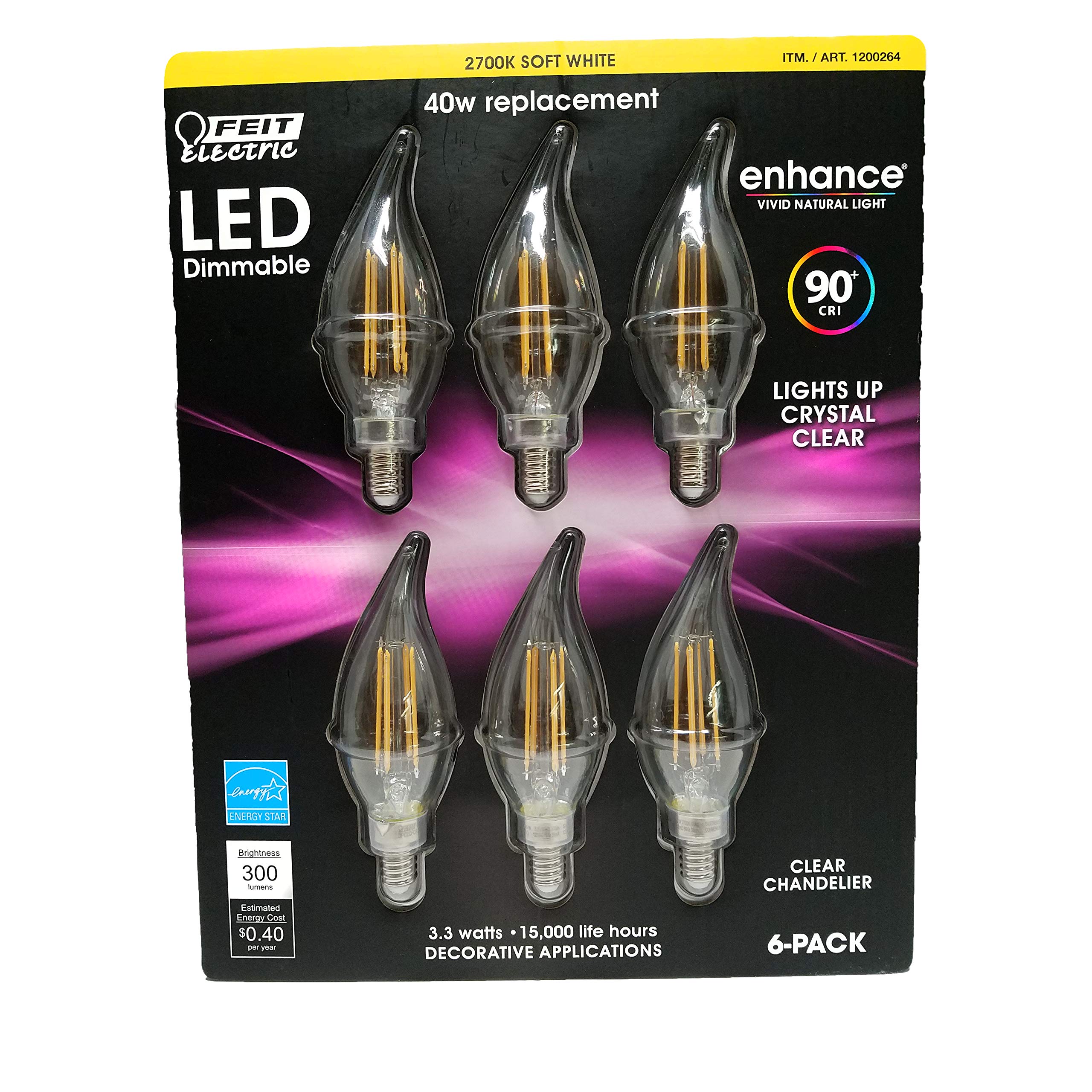 Feit Dimmable LED Clear Chandelier bulbs 2700K Soft White 6pk 40W