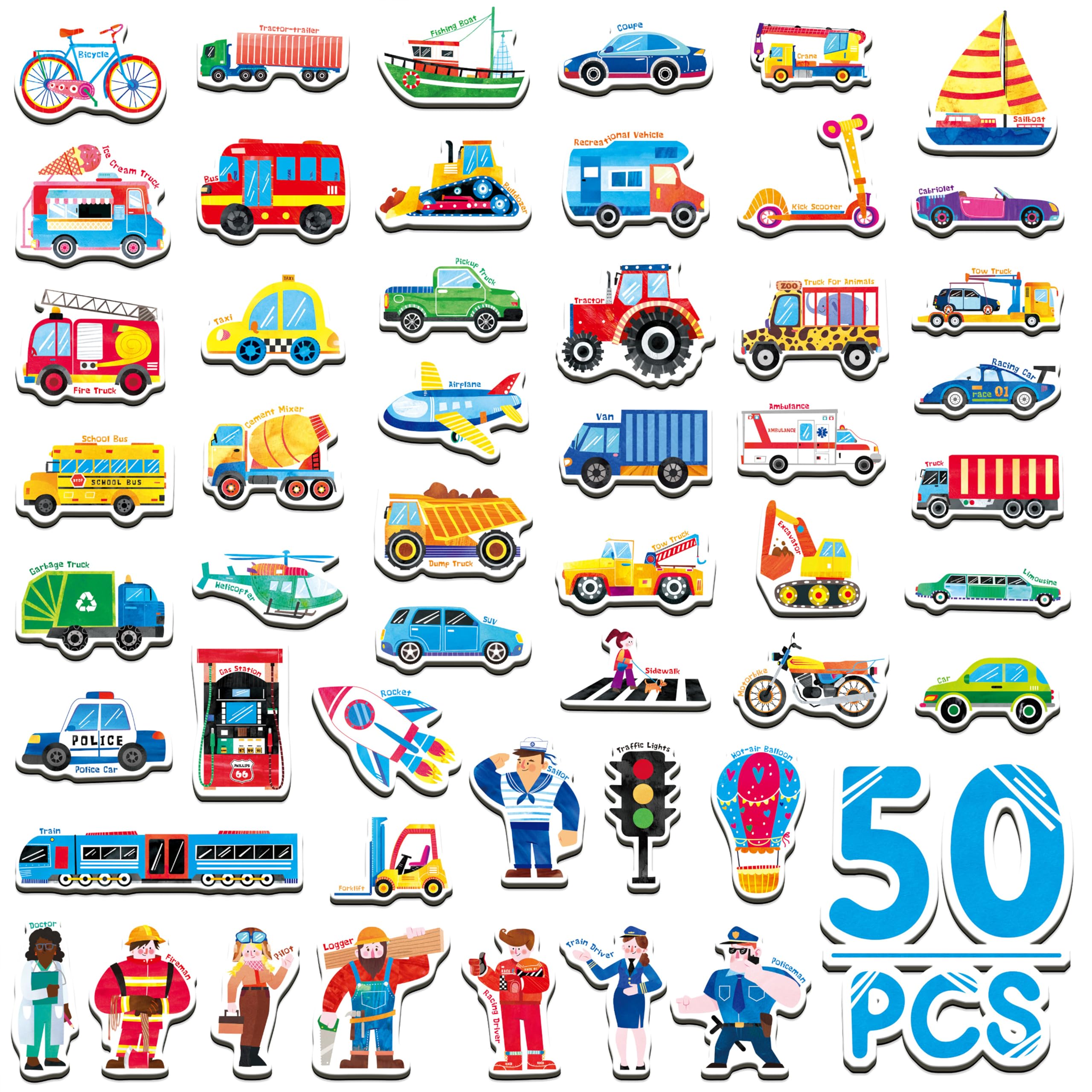 Photo 1 of 50 PCS Magnetic Vehicles & Professions, Vehicle Fridge Magnets Common Vehicles, Airplane, Boat & Occupations-Magnetic Transportation Refrigerator Decors Educational Learning Toys for Toddlers