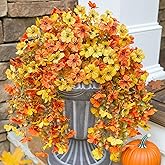 HyeFlora Artificial Flowers for Fall Outdoors Decoration, 2Pcs Fake Fall Light Orange & Yellow Hanging Flowers, Faux Autumn Decor for Porch Patio Balcony Planter, Realistic Arrangement