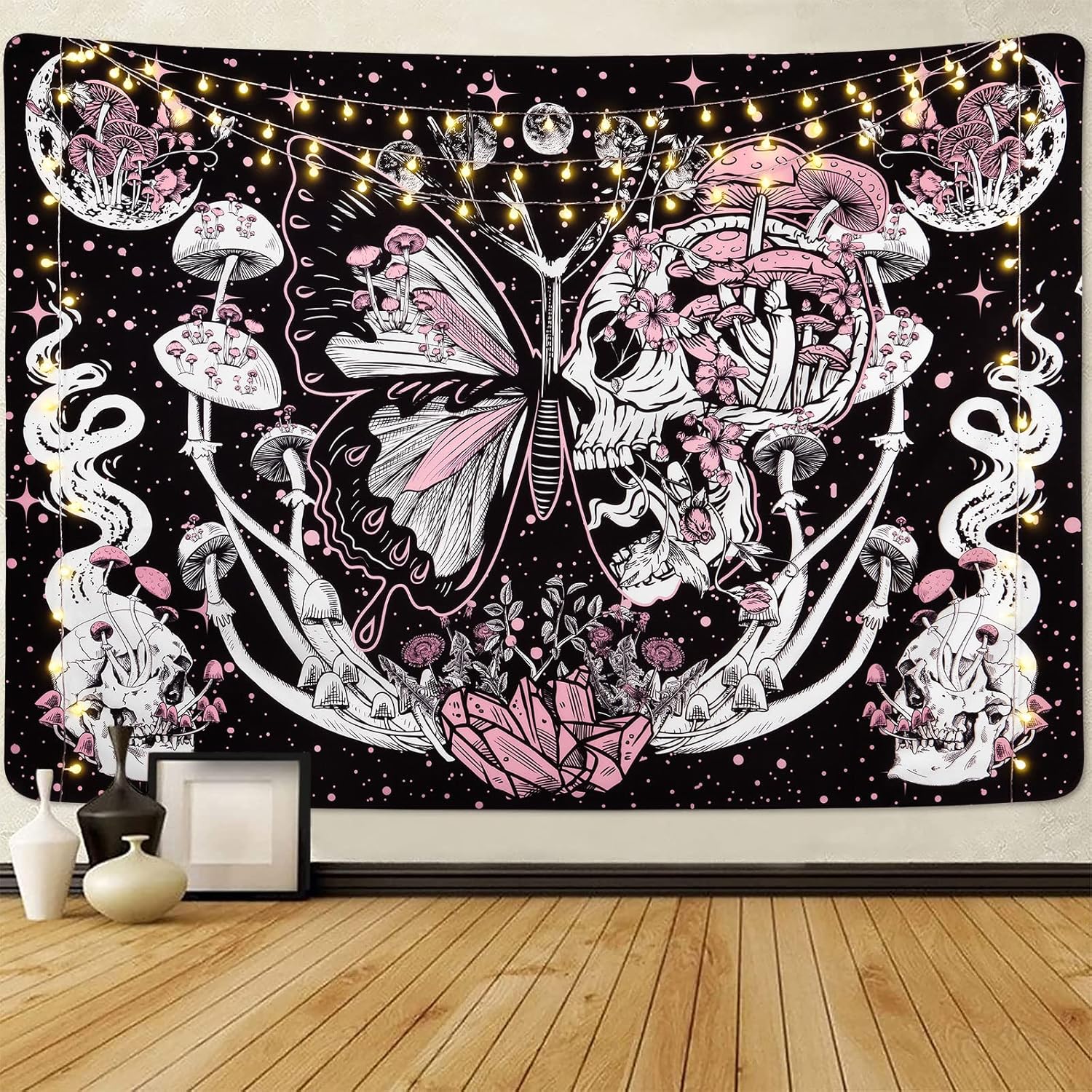 Tapestries - Lyacmy Skull Hippie Mushroom Tapestries Aesthetic Moth Moon and Stars Snake Wall Hanging For Room(51.2 x 59.1 inches)