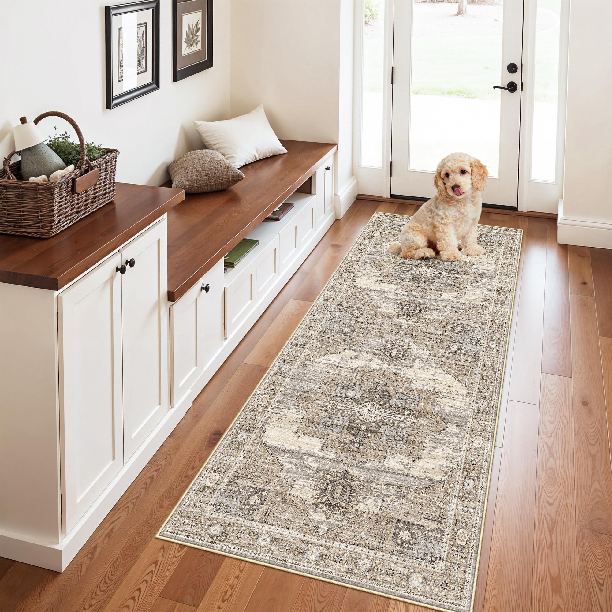RUUGME Washable 3X6 Runner Rug - Soft Ultra Thin Easy to Clean Runner for Housewife Aged 35-44 - Perfect for Entryway/Hallway/Kitchen/Balcony Vintage Boho Rug 3x6 Beige Image