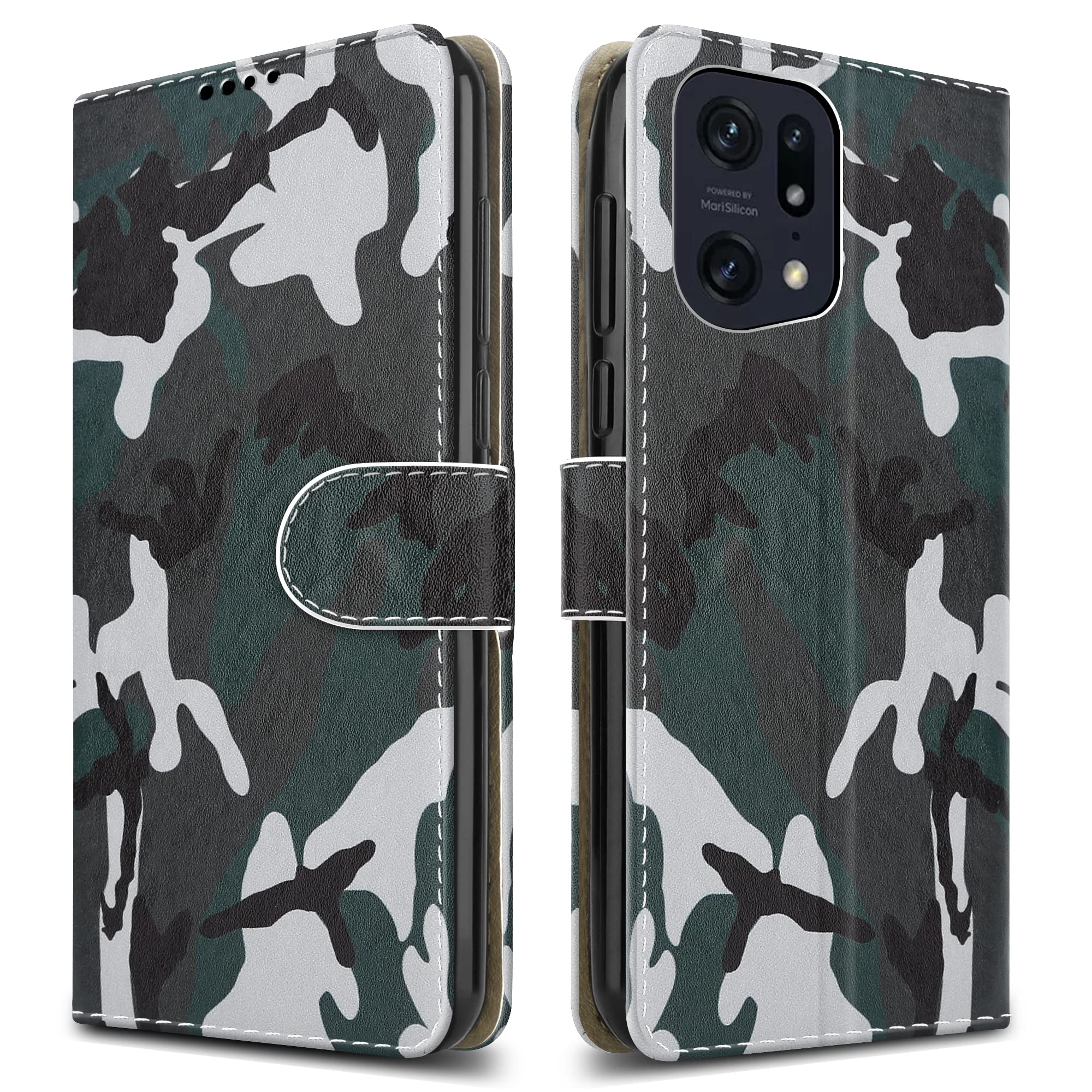 For Oppo Find X5 Pro 5G Leather Phone Case, Magnetic Closure Full Protection Book Folio Design, Wallet Case Cover [Card Slots] and [Kickstand] For Oppo Find X5 Pro 5G - Camouflage