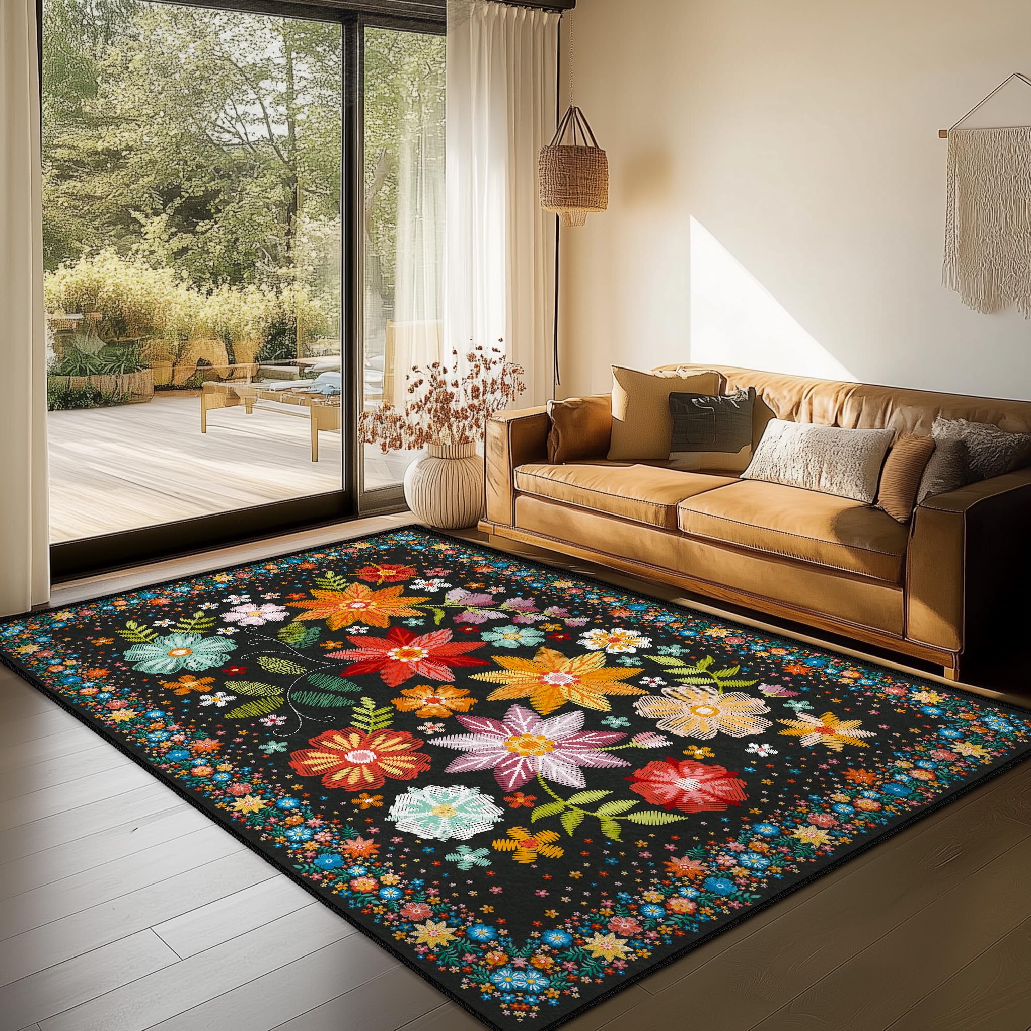 Photo 1 of Boho Area Rug for Living Room Vintage Rug 3'x 5' Washable Non Slip Rugs Soft Fluffy Plush Carpet for Bedside, Living Room, Bedroom, Kids Playroom, Black