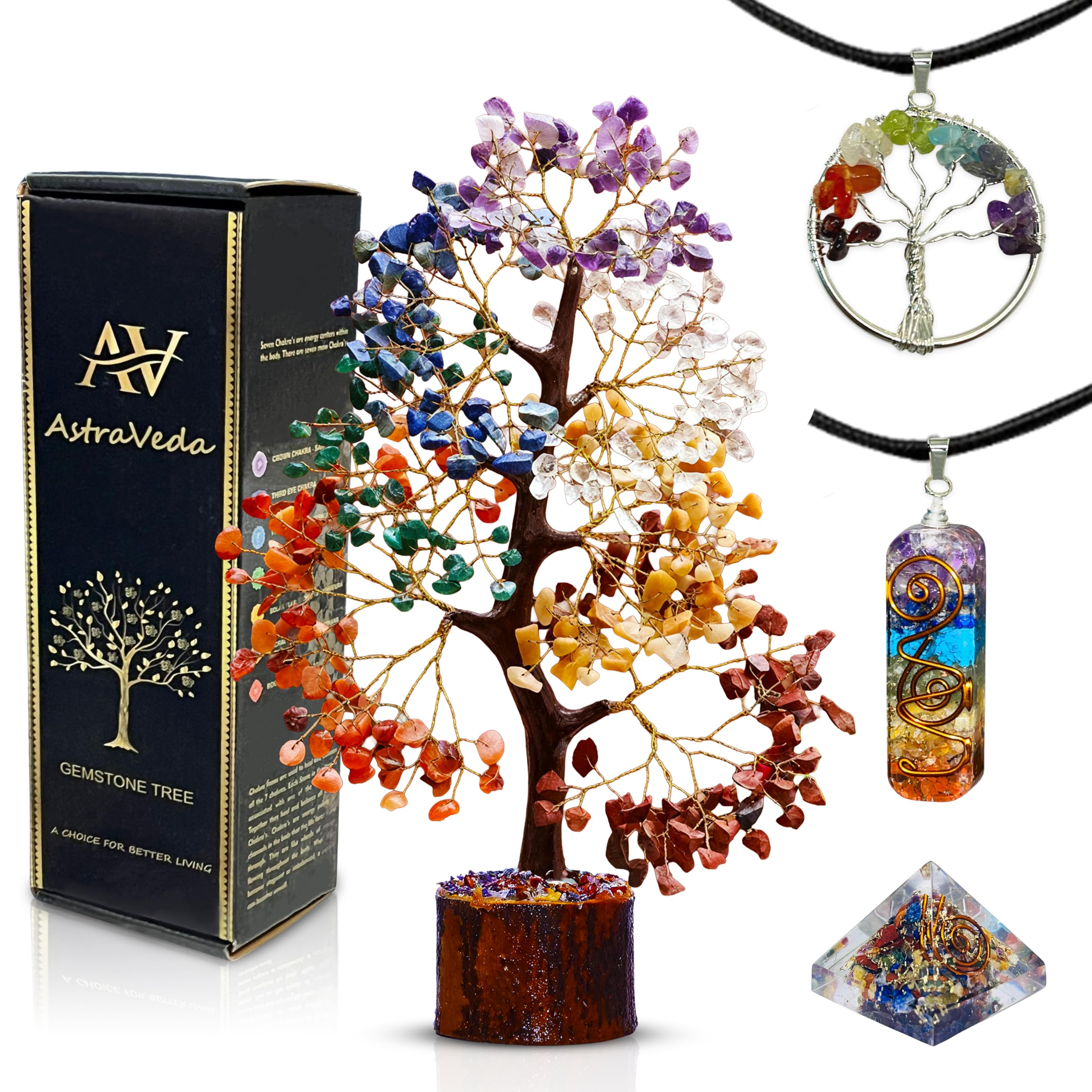 AstraVeda 7 Chakra Crystal Tree of Life with 2 Chakra Pendants & Mini Pyramid – Feng Shui Gemstone Tree for Positive Energy, Meditation, Healing Crystals & Spiritual Décor Gifts