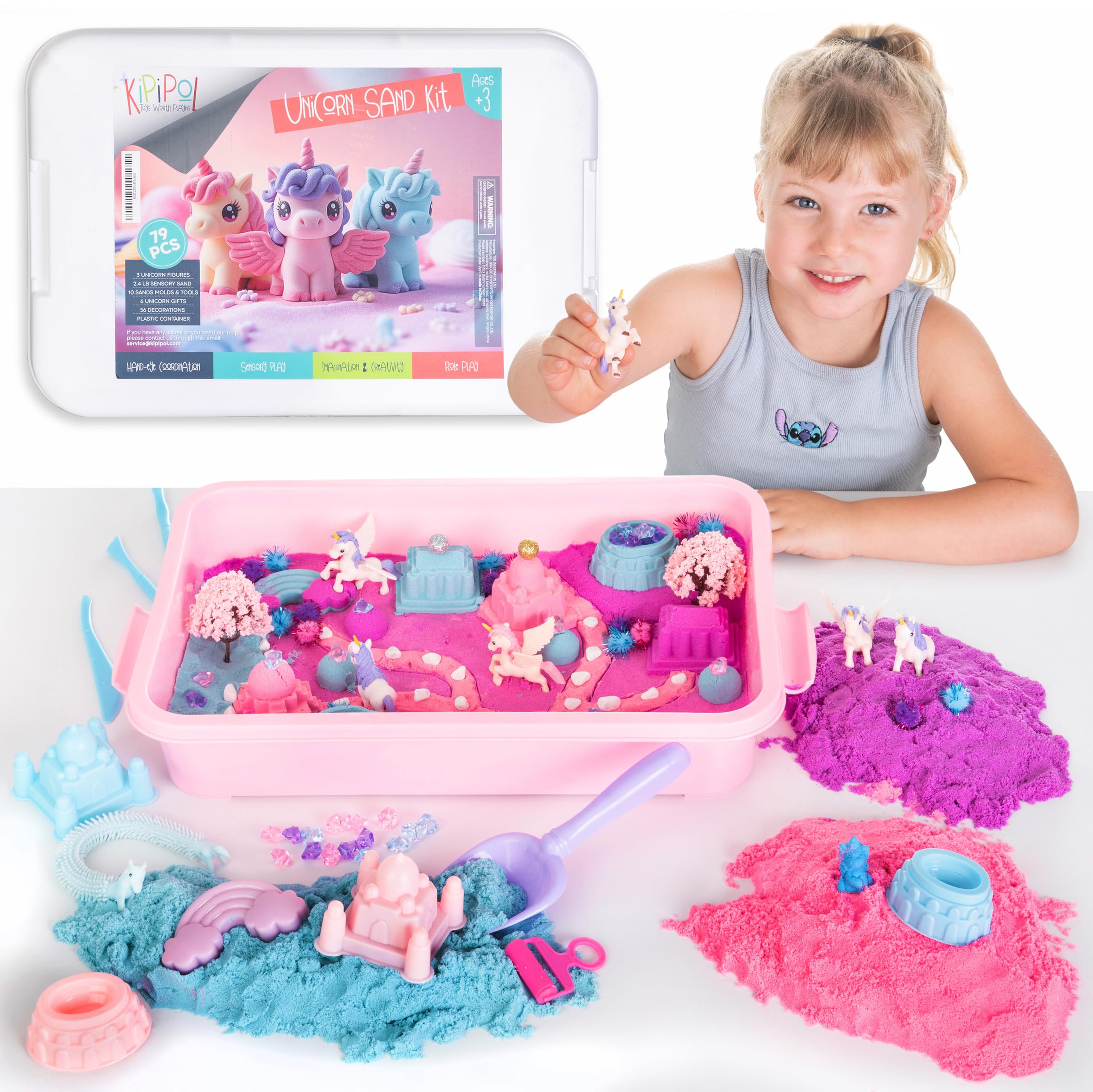 Kipipol Unicorn Sensory Bin for Toddlers 3-4, 5-7 Magic Sand Art Kit w Sandbox, 2.4 LB of Sensory Sand, 10 Sand Toys, 4 Unicorn Toys for Girls Age 4-6, 6-8 Christmas & Birthday Gifts for Girls