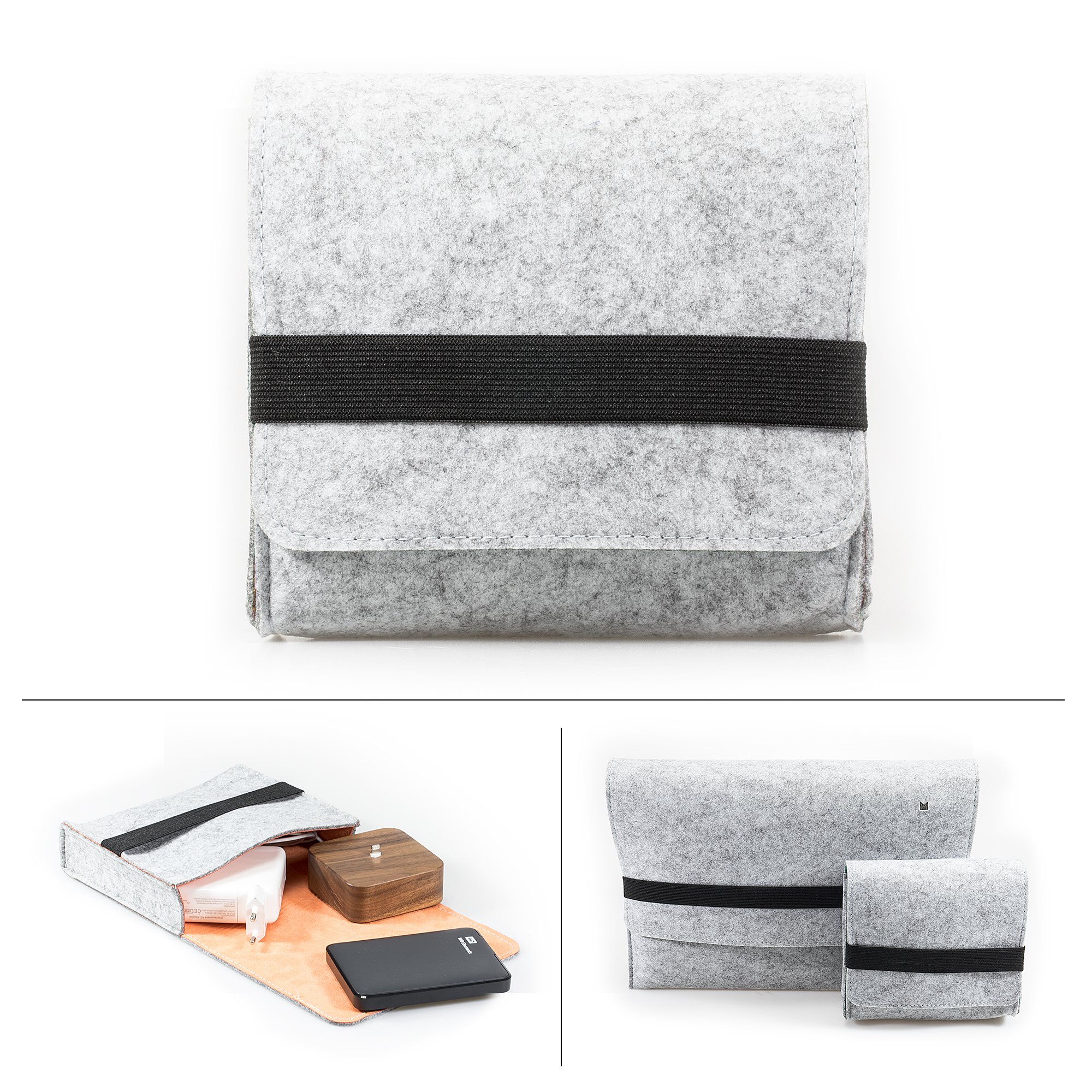 FORMGUT® // Filz Aufbewahrungstasche, Täschchen, kleine Zubehörtasche für Accessoires, Maus/Mouse, Handy, HDD, Kabel, Netzteil, Schminke/ Kosmetik, Wolle, Ladekabel // Hellgrau Orange